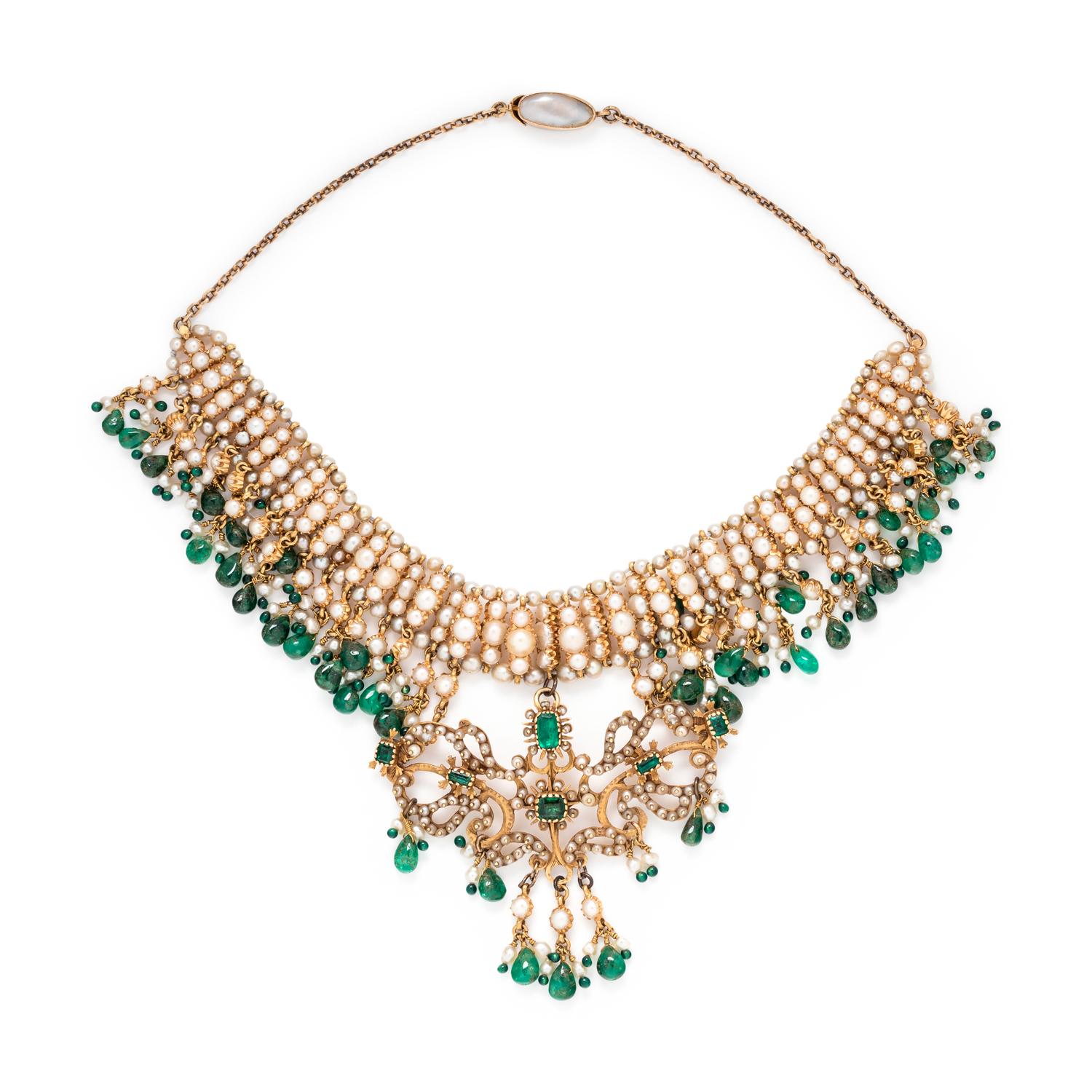 ANTIQUE, PEARL AND EMERALD FRINGE NECKLACE
