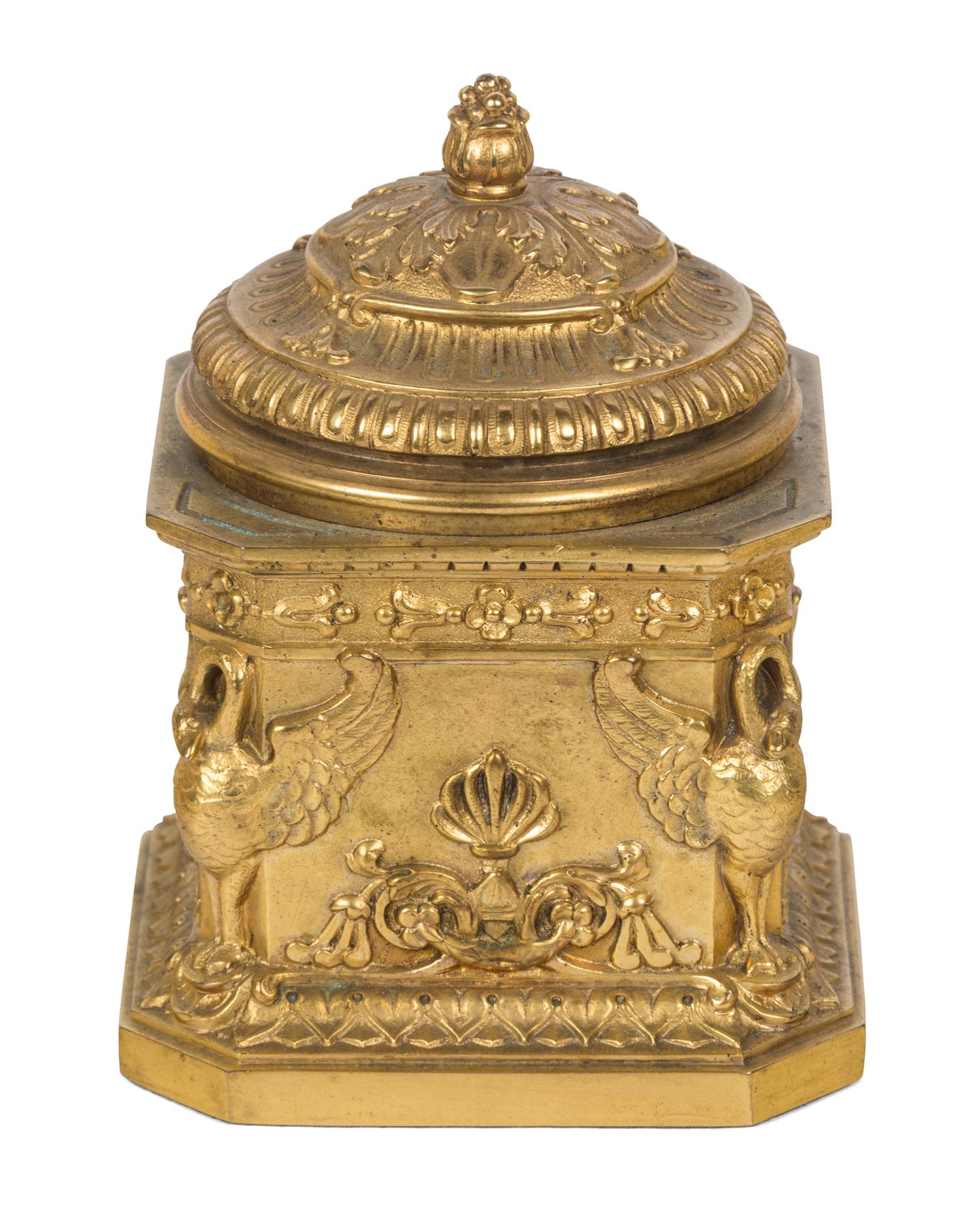 A French Neoclassical Style Gilt Bronze Inkwell Height 4 1/2 x width 3 1/4 x depth 3 1/4 inches. — 19TH CENTURY