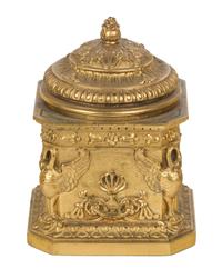 A French Neoclassical Style Gilt Bronze Inkwell Height 4 1/2 x width 3 1/4 x depth 3 1/4 inches. — 19TH CENTURY