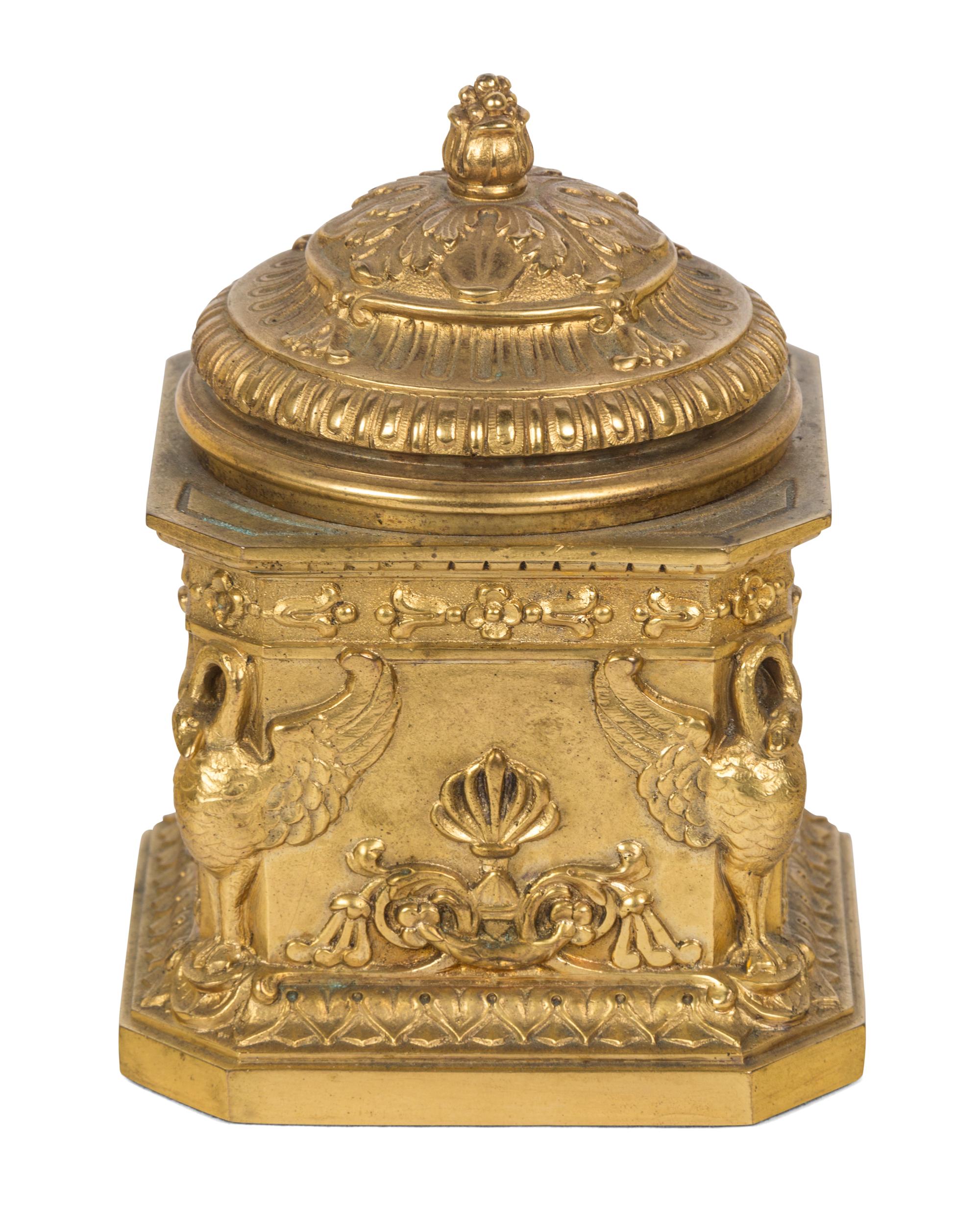 A French Neoclassical Style Gilt Bronze Inkwell Height 4 1/2 x width 3 1/4 x depth 3 1/4 inches. — 19TH CENTURY