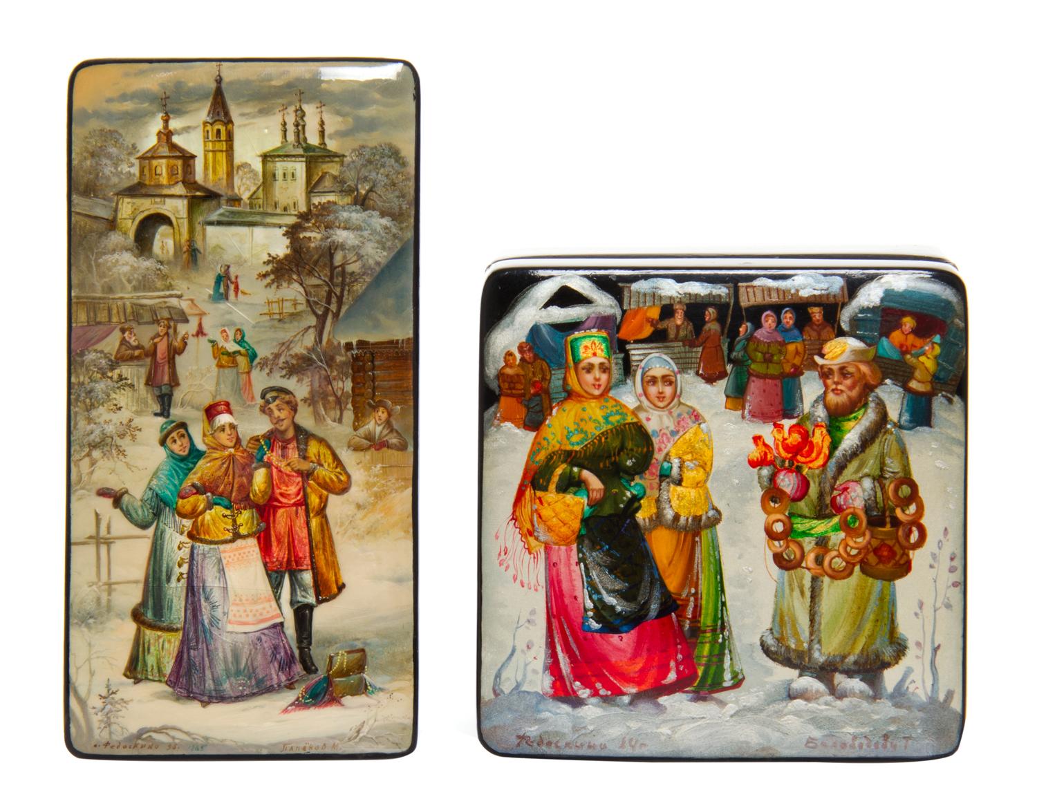 A Collection of Four Russian Lacquered Boxes, 20th Century, each of rectangular form with hinged lids, all decorated with peasant scene