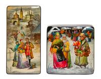 A Collection of Four Russian Lacquered Boxes, 20th Century, each of rectangular form with hinged lids, all decorated with peasant scene