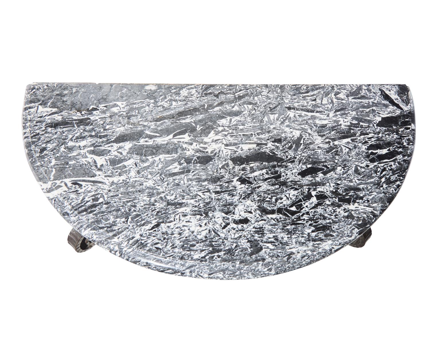 A French Art Deco iron console table with Grand antique marble top, circa 1930
