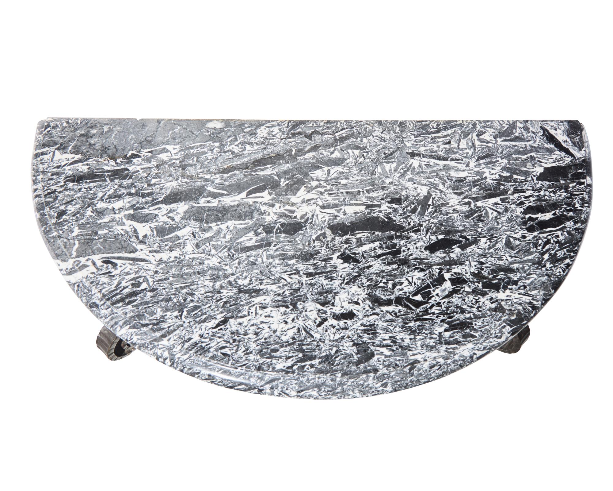 A French Art Deco iron console table with Grand antique marble top, circa 1930
