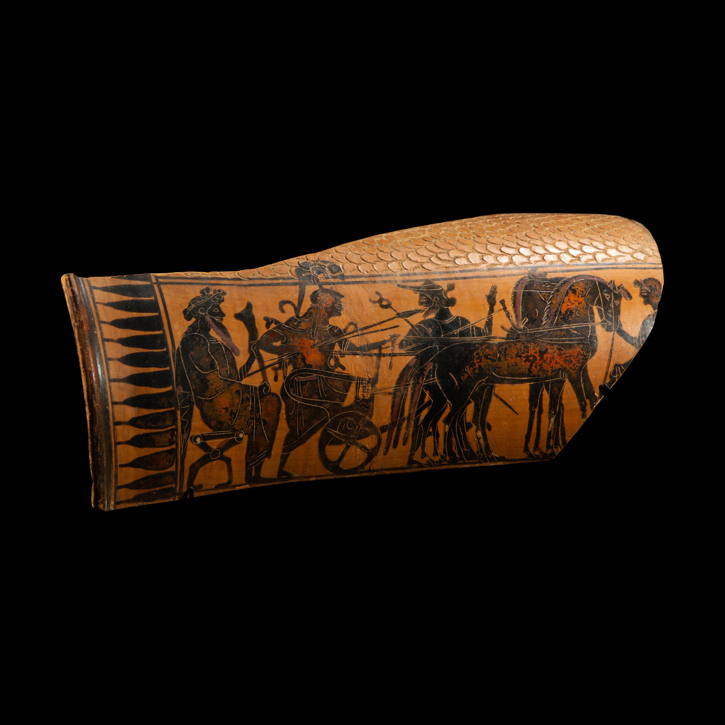 An Attic Black-Figured Epinetron Fragment with Dionysus, Athena, and Hermes