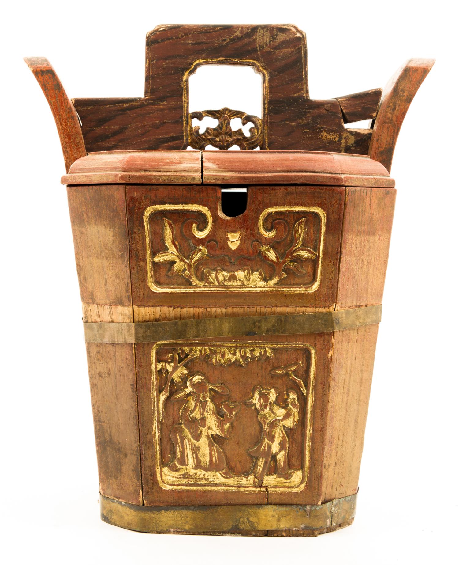 A Chinese Carved Wood Basket Height 14 inches.