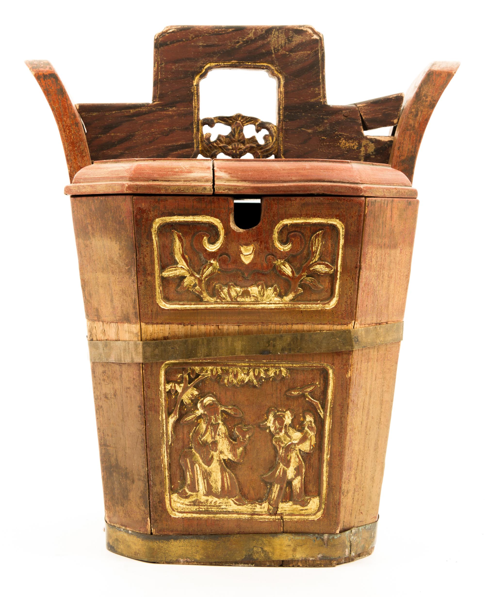 A Chinese Carved Wood Basket Height 14 inches.