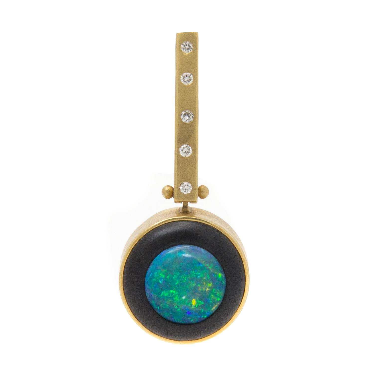 An 18 Karat Yellow Gold, Opal, Diamond and Onyx Pendant, R. Greene, 5.80 dwts.