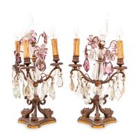 A Pair of French Gilt Metal and Cut Glass Three-Light Candelabra