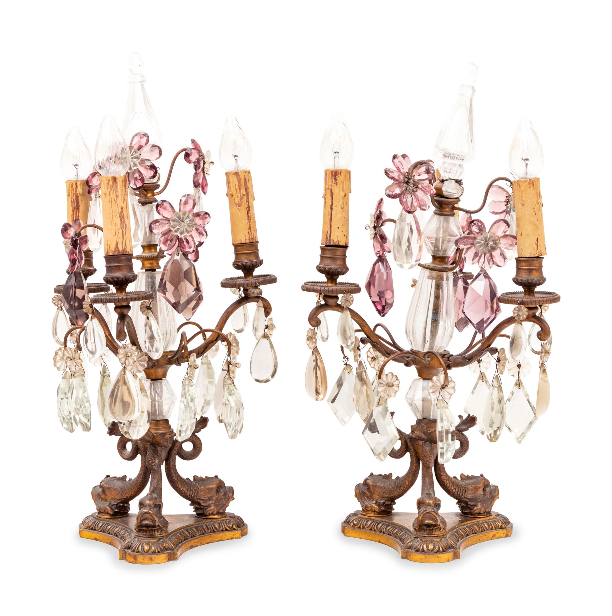 A Pair of French Gilt Metal and Cut Glass Three-Light Candelabra