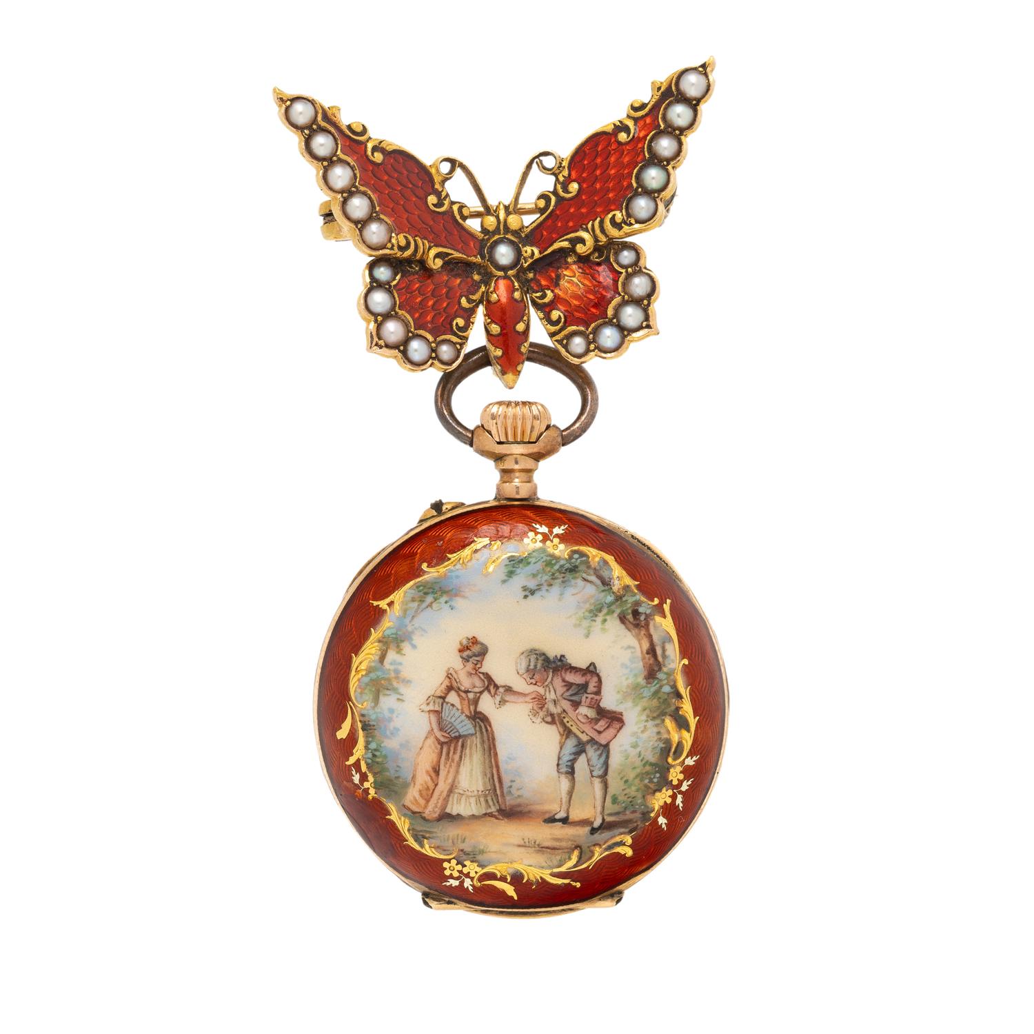 A. FRANKFIELD & CO., YELLOW GOLD AND ENAMEL POCKETWATCH AND LAPEL PIN