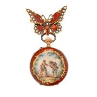 A. FRANKFIELD & CO., YELLOW GOLD AND ENAMEL POCKETWATCH AND LAPEL PIN