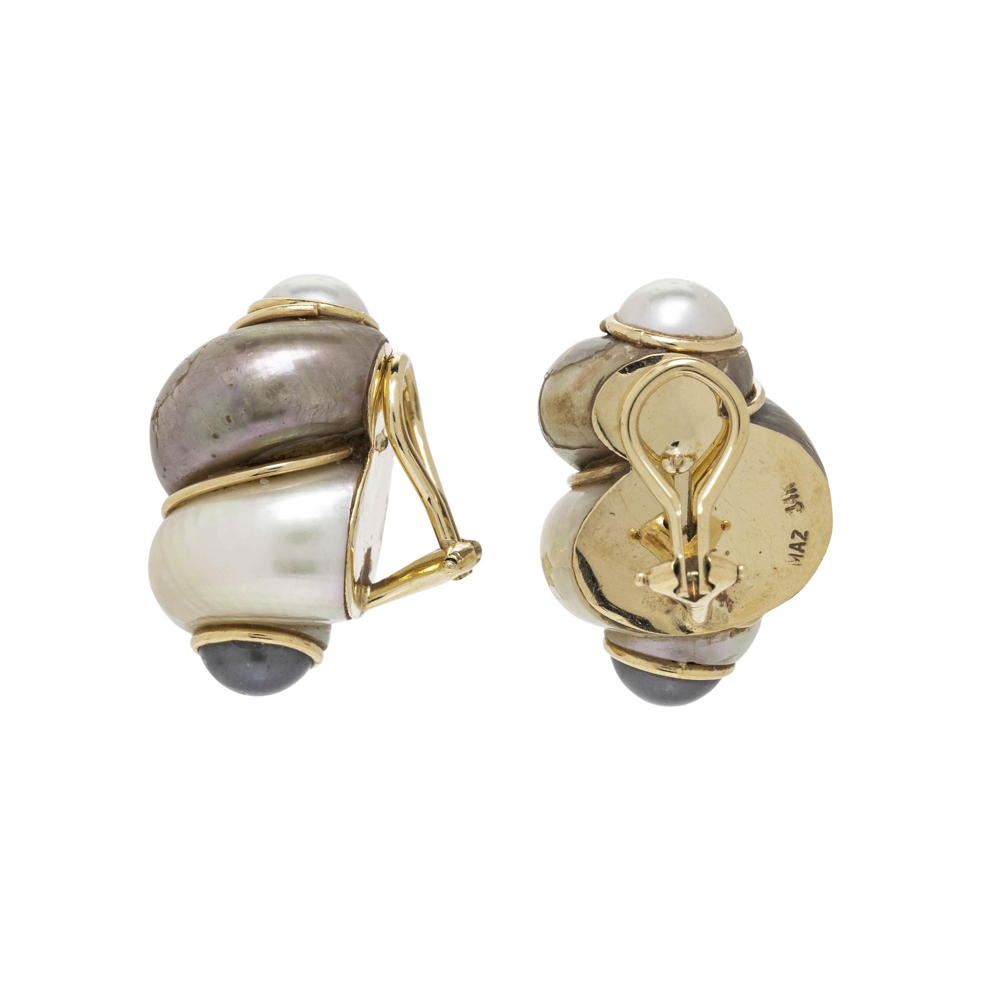 MAZ, SHELL AND CULTURED PEARL EARCLIPS