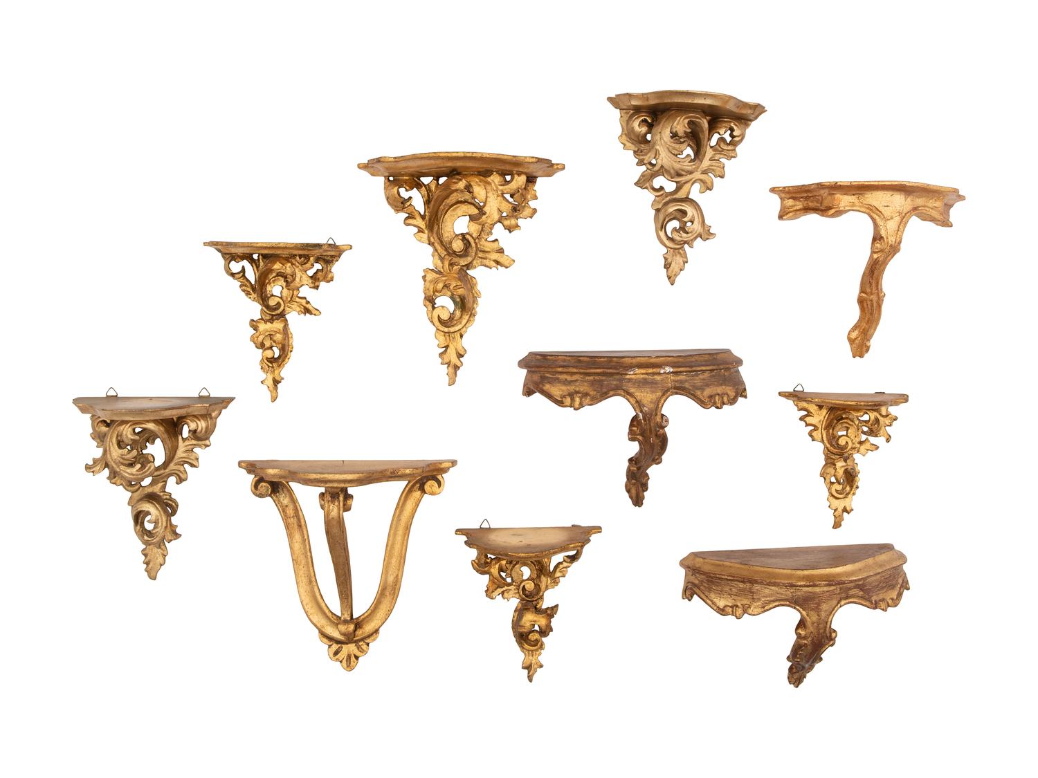 A Set of Ten Rococo Style Giltwood Wall Brackets