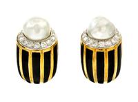 A Pair of 18 Karat Yellow Gold, Platinum, Diamond, Cultured Pearl and Enamel Earclips, David Webb, 23.30 dwts.
