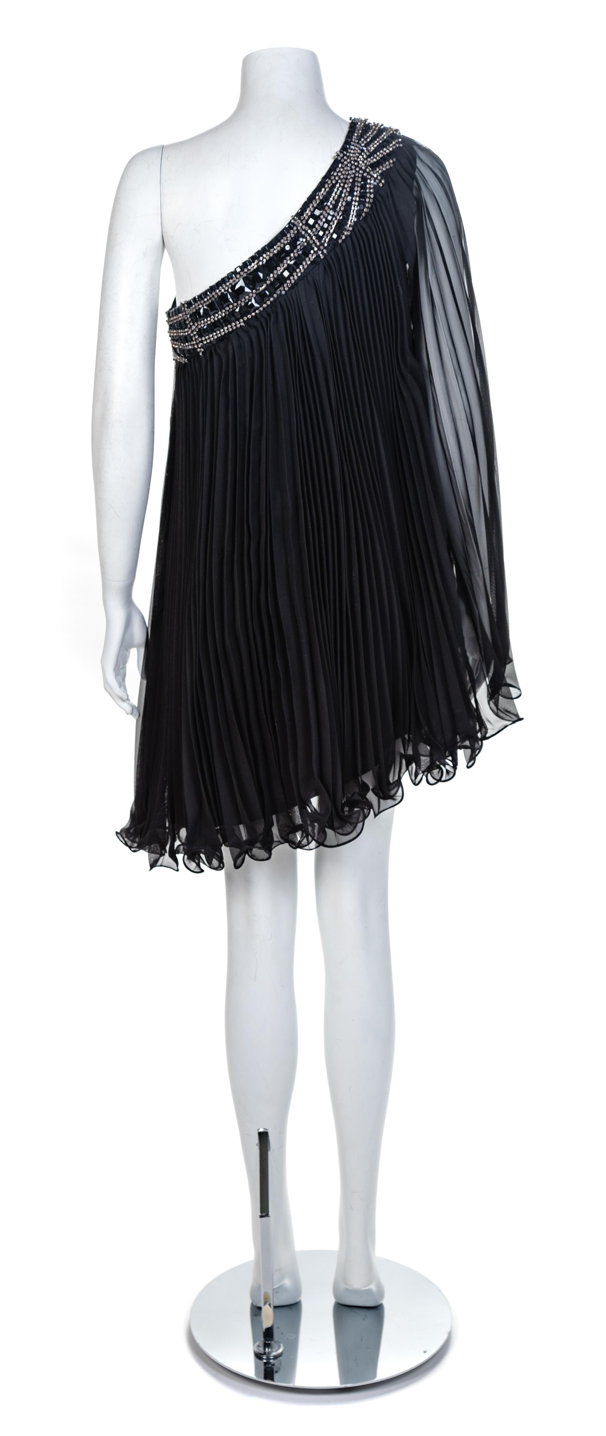 Jovani Black Pleated One-Shoulder Mini-Dress, 1990-2000s Size label: 6