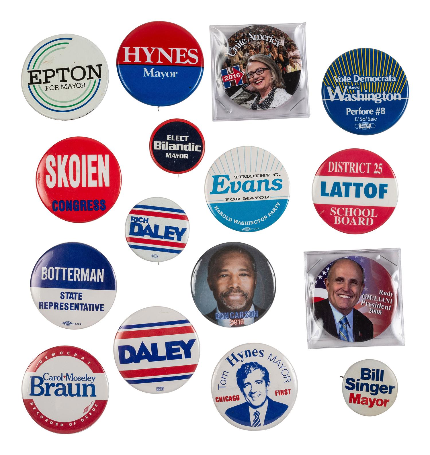 [POLITICS]. A group of over 100 political buttons, including: