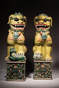 A Large Pair of Chinese Famille Verte Porcelain Figures of Fu Lions