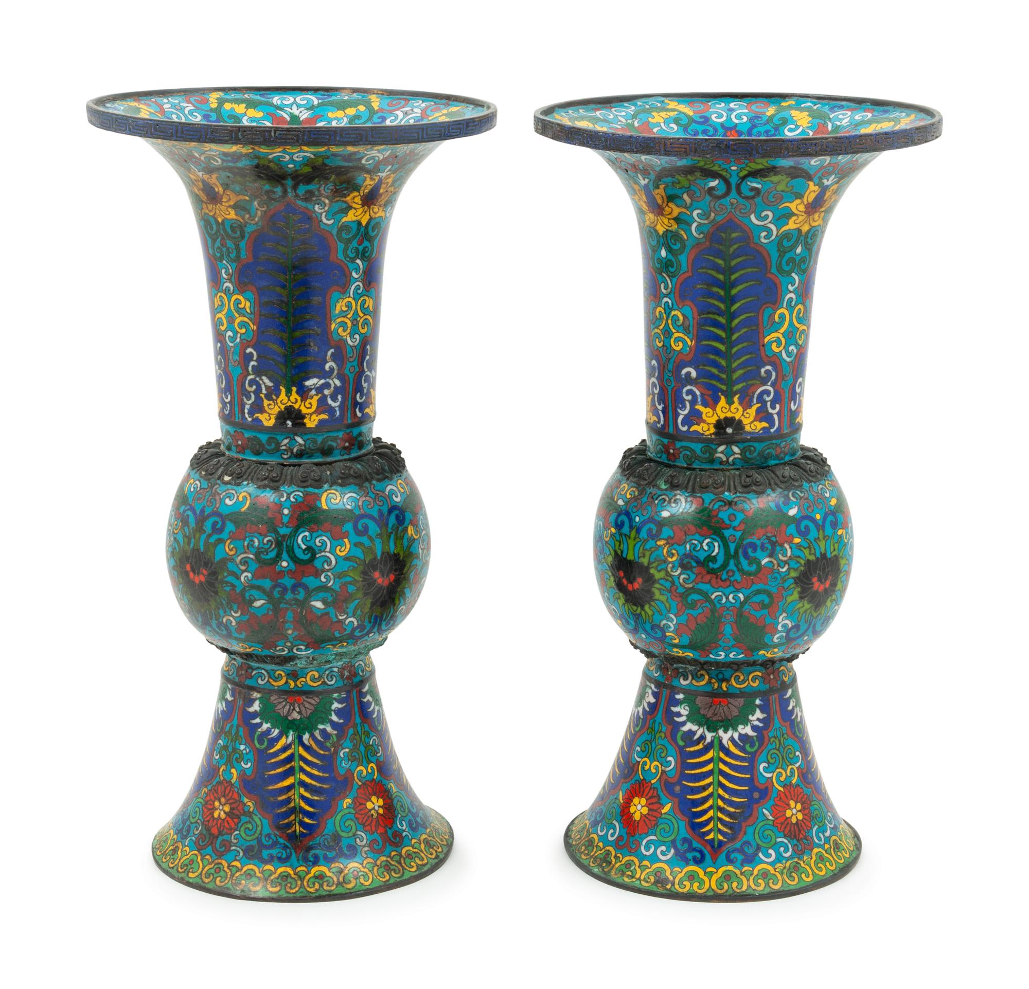 A Pair of Chinese Cloissoné Enamel Gu Vases