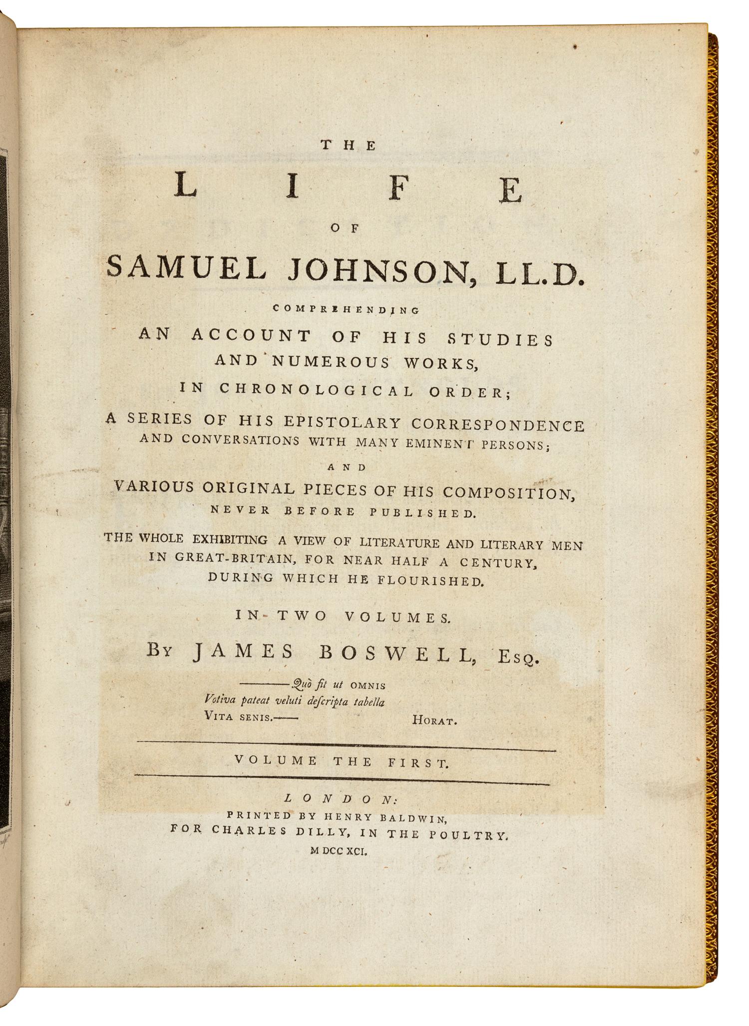 BOSWELL, James (1740-1795). The Life of Samuel Johnson. London: Henry Baldwin for Charles Dilly, 1791. [With:] The Principal Corrections and Additions. London, 1791, 1793.