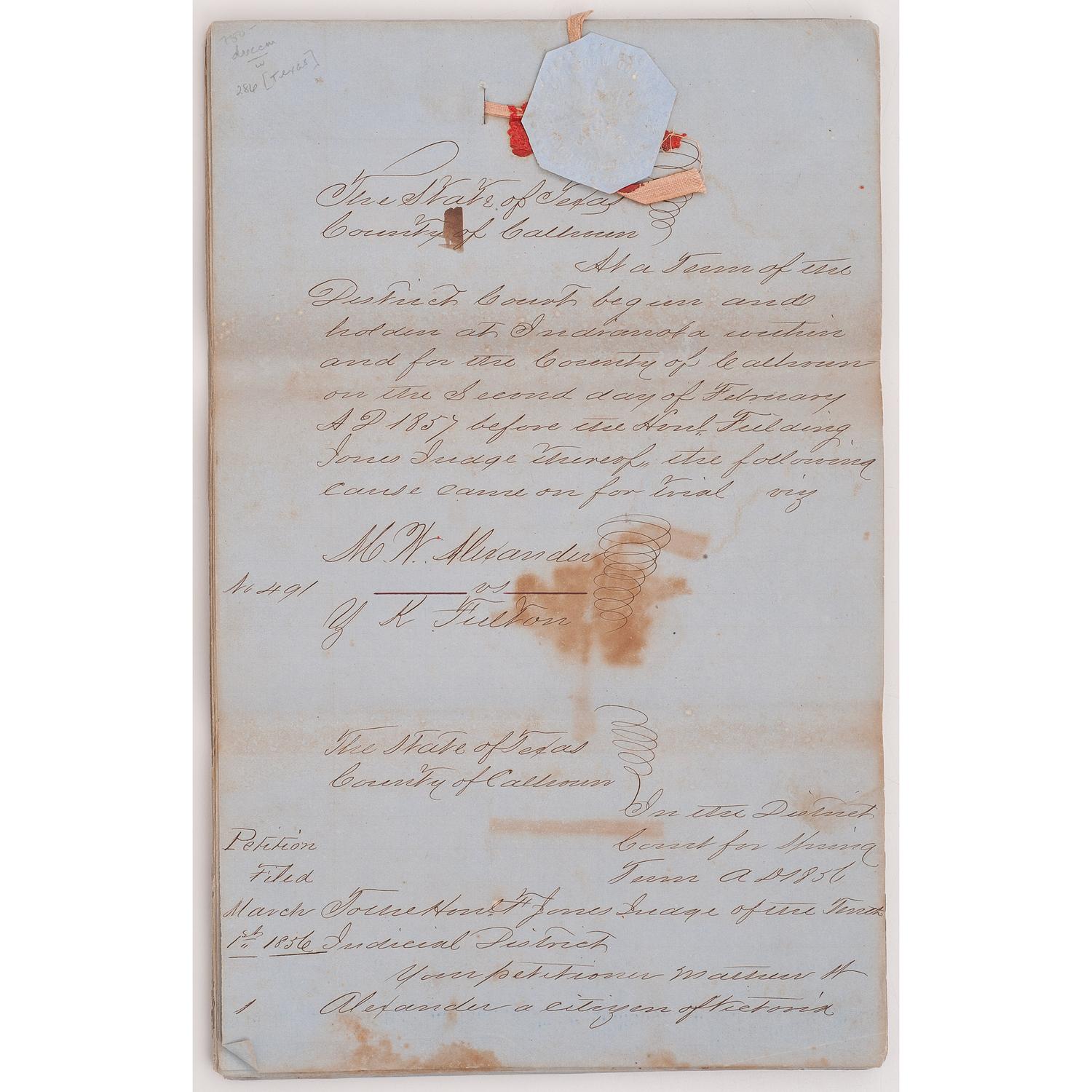 [AUTOGRAPHS & MANUSCRIPTS]. Manuscript transcript of 1850s Court Appeal made by Texan who fled New Orleans during a Yellow Fever outbreak.