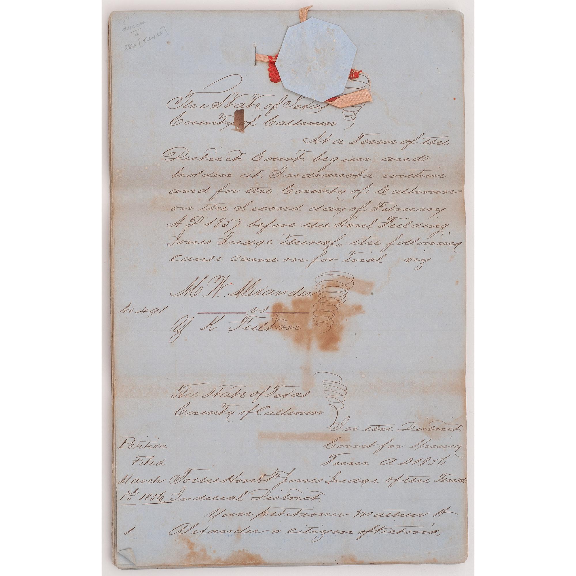 [AUTOGRAPHS & MANUSCRIPTS]. Manuscript transcript of 1850s Court Appeal made by Texan who fled New Orleans during a Yellow Fever outbreak.