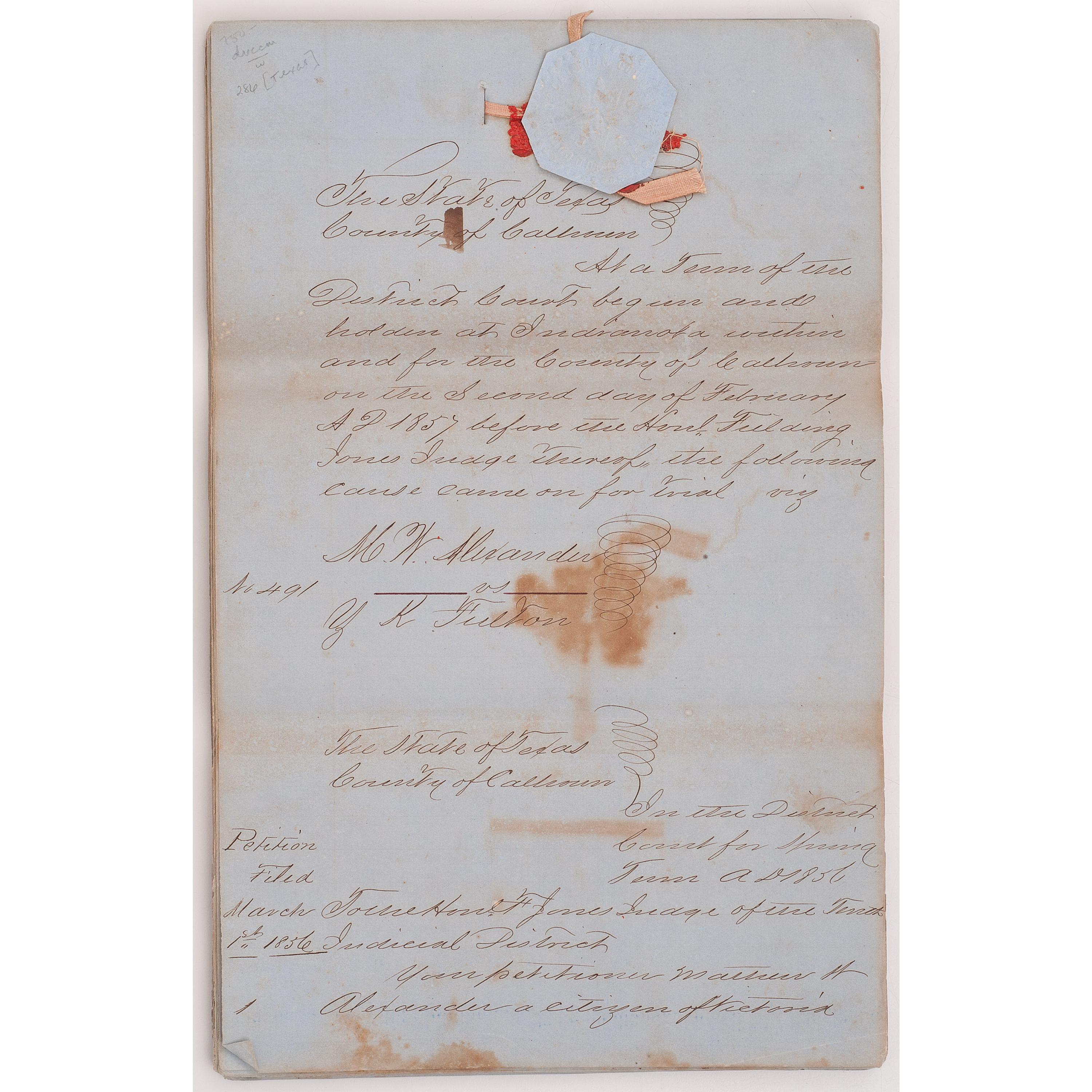 [AUTOGRAPHS & MANUSCRIPTS]. Manuscript transcript of 1850s Court Appeal made by Texan who fled New Orleans during a Yellow Fever outbreak.