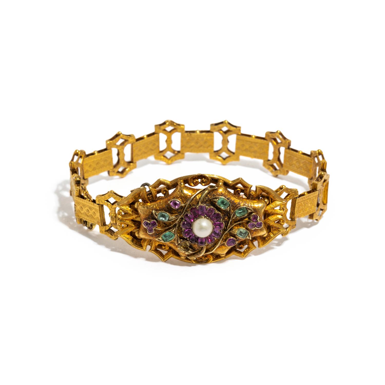 GEORGIAN, RUBY, EMERALD AND PEARL BRACELET