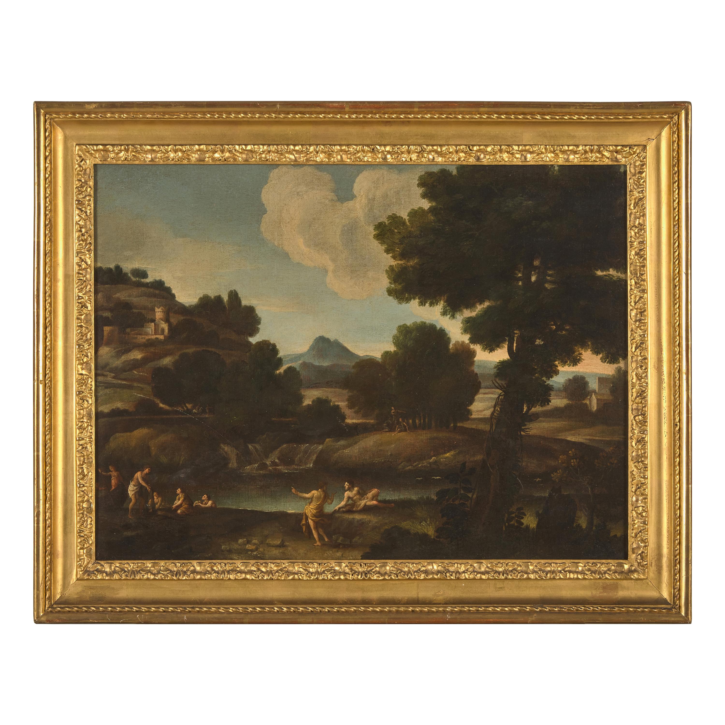 Giovanni Francesco Grimaldi (Italian, 1606-1680) — Classical Landscape with Philosophers by a Pool