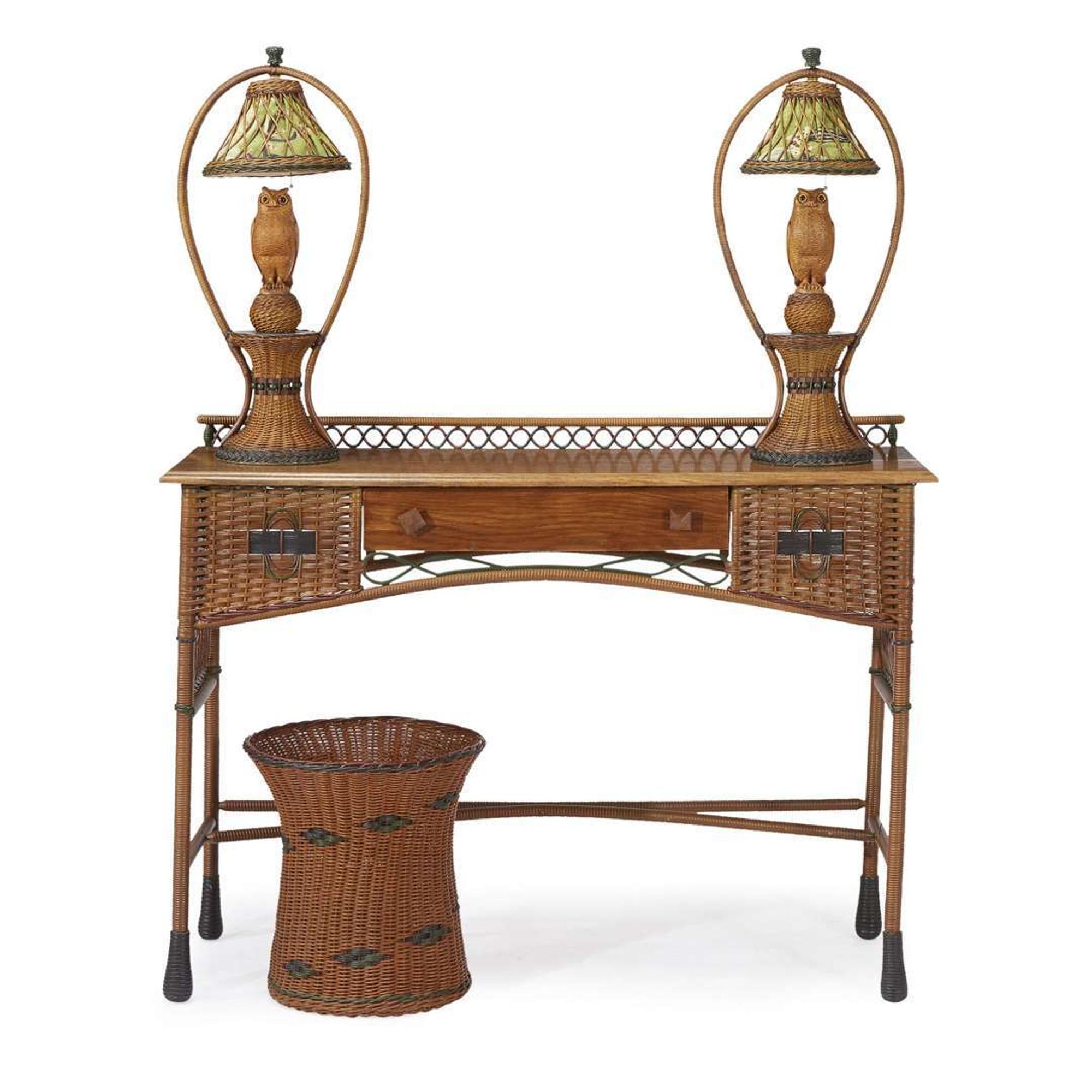 A pair of polychrome painted, carved wood and fabric-lined tables lamps with owls american, circa 1900