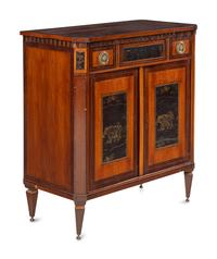 A Regency Lacquer Panel-Inset Mahogany and Marquetry Cabinet