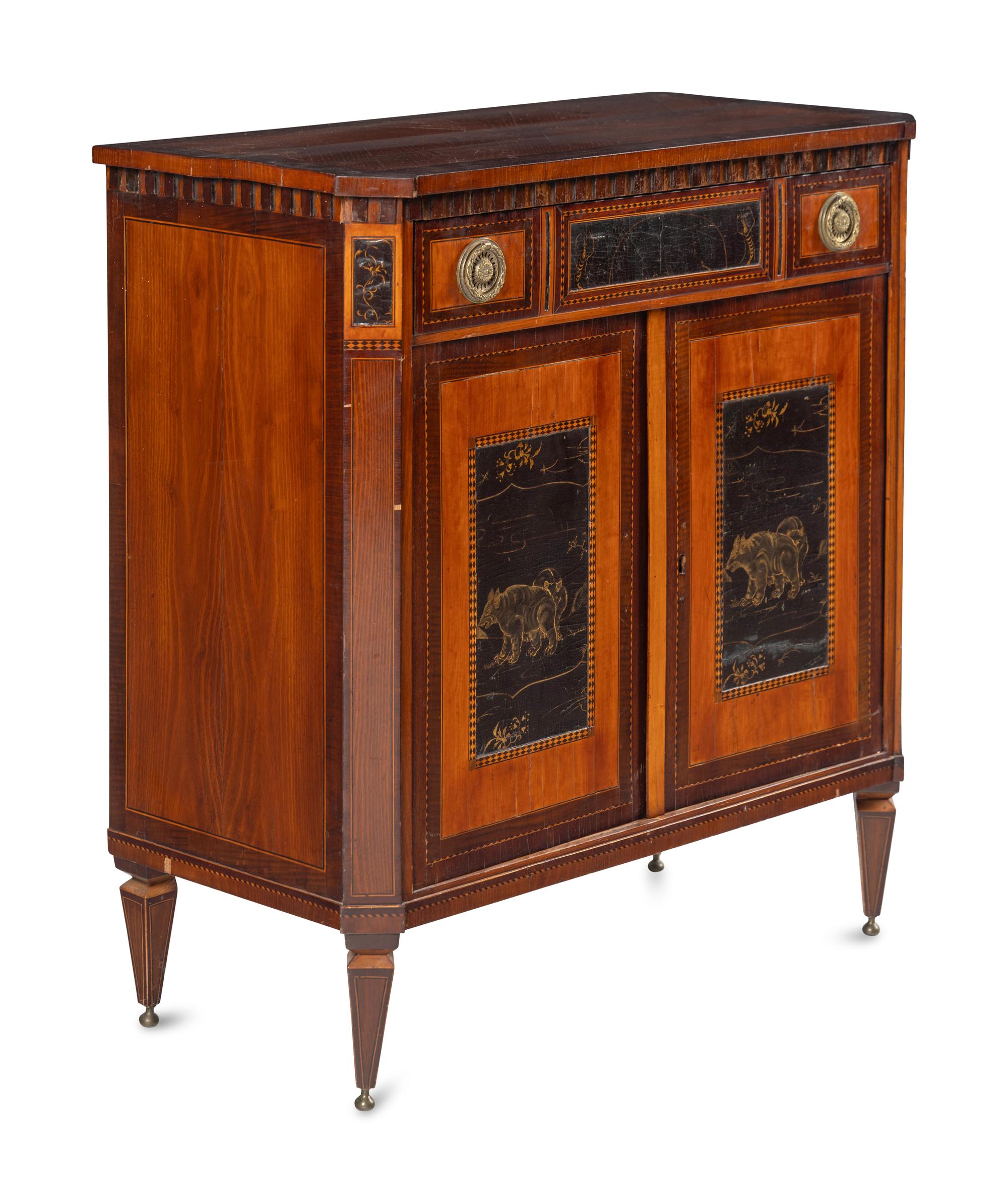 A Regency Lacquer Panel-Inset Mahogany and Marquetry Cabinet