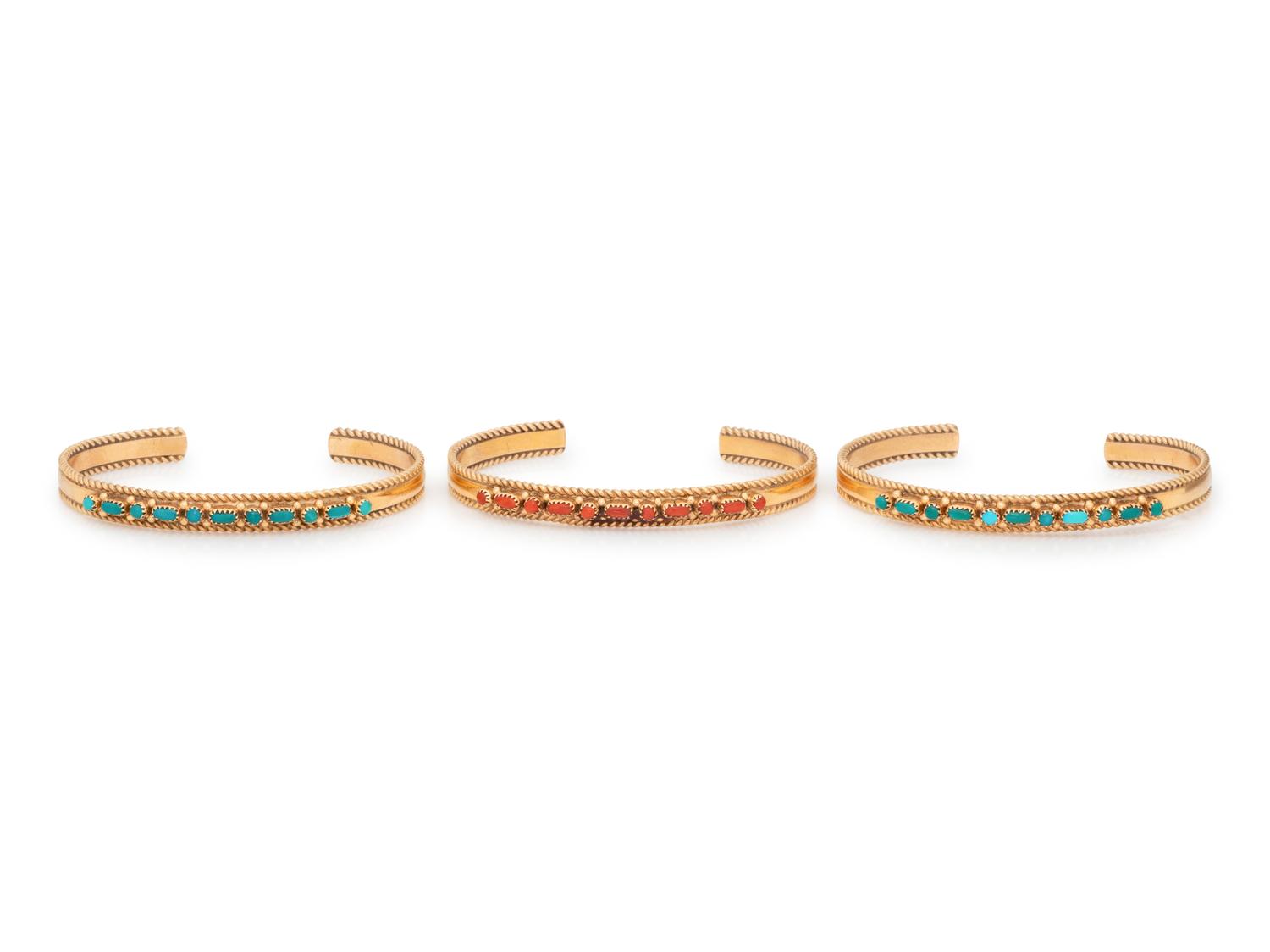 A Collection of Yellow Gold and Hardstone Cuff Bracelets, Regina Martinez,