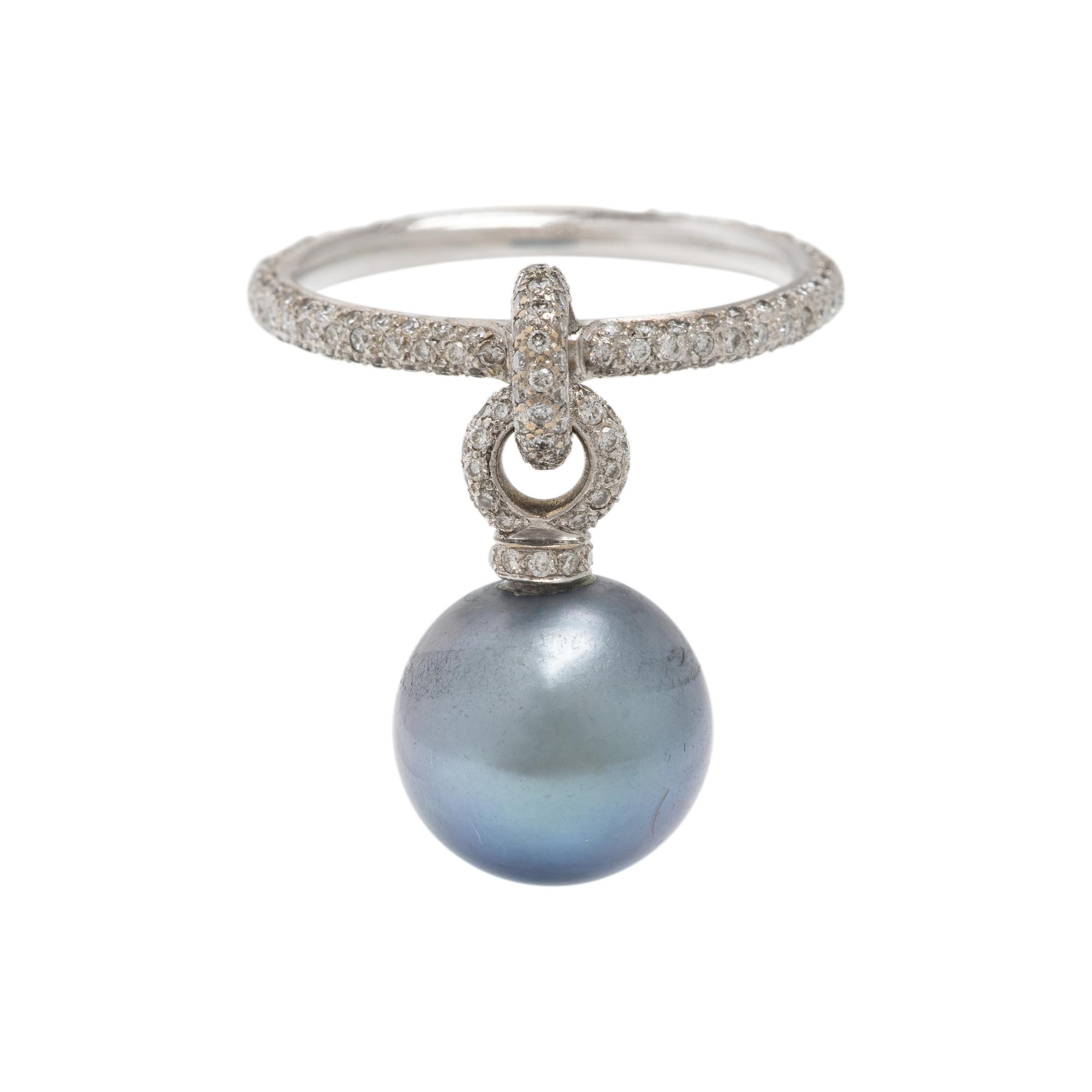 Diamond, White Gold, and Cultured Pearl Charm Ring