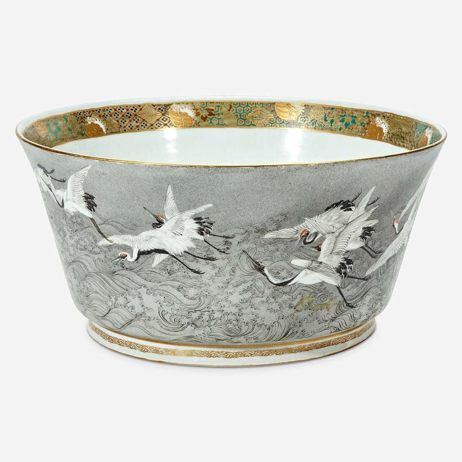 A large Japanese enameled porcelain "Cranes and Waves" bowl, Kanzan Denshichi (1821-Circa 1890) Meiji period, late 19th Century