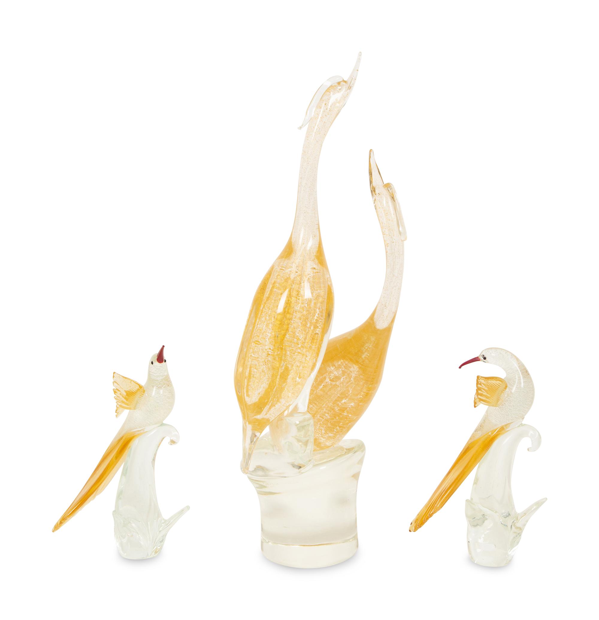 A Murano Glass Standing Bird Figural Group and a Pair of Bird Sculptures