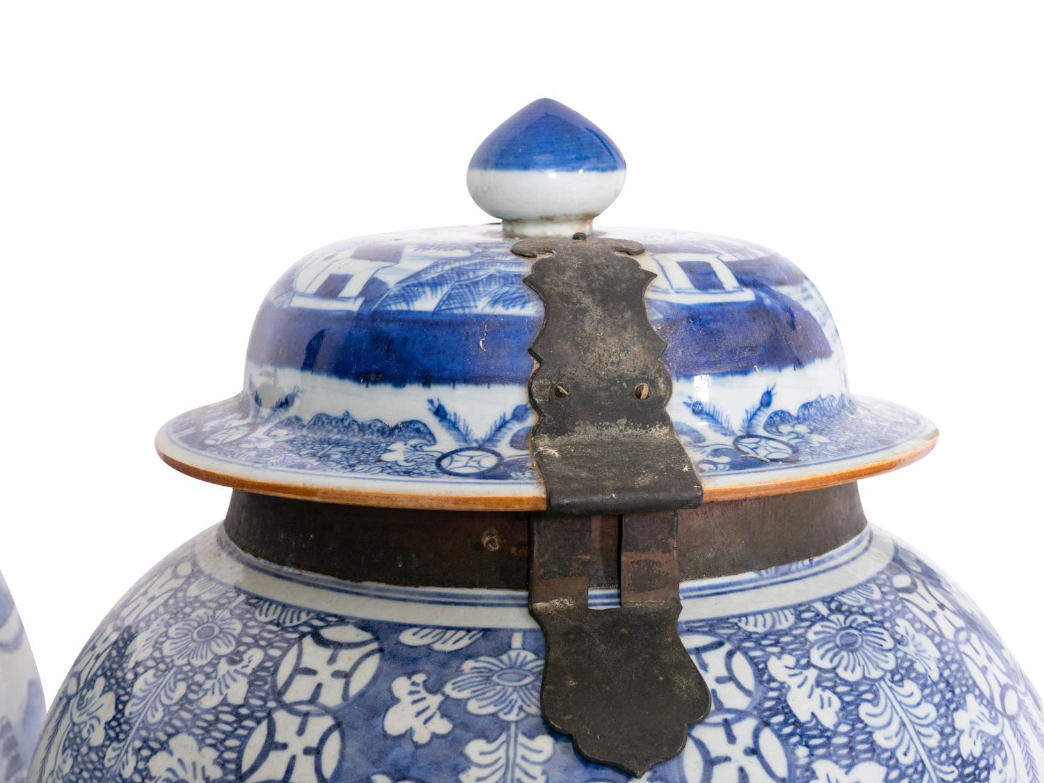 A Pair of Large Canton Export Brass-Mounted Porcelain Jars