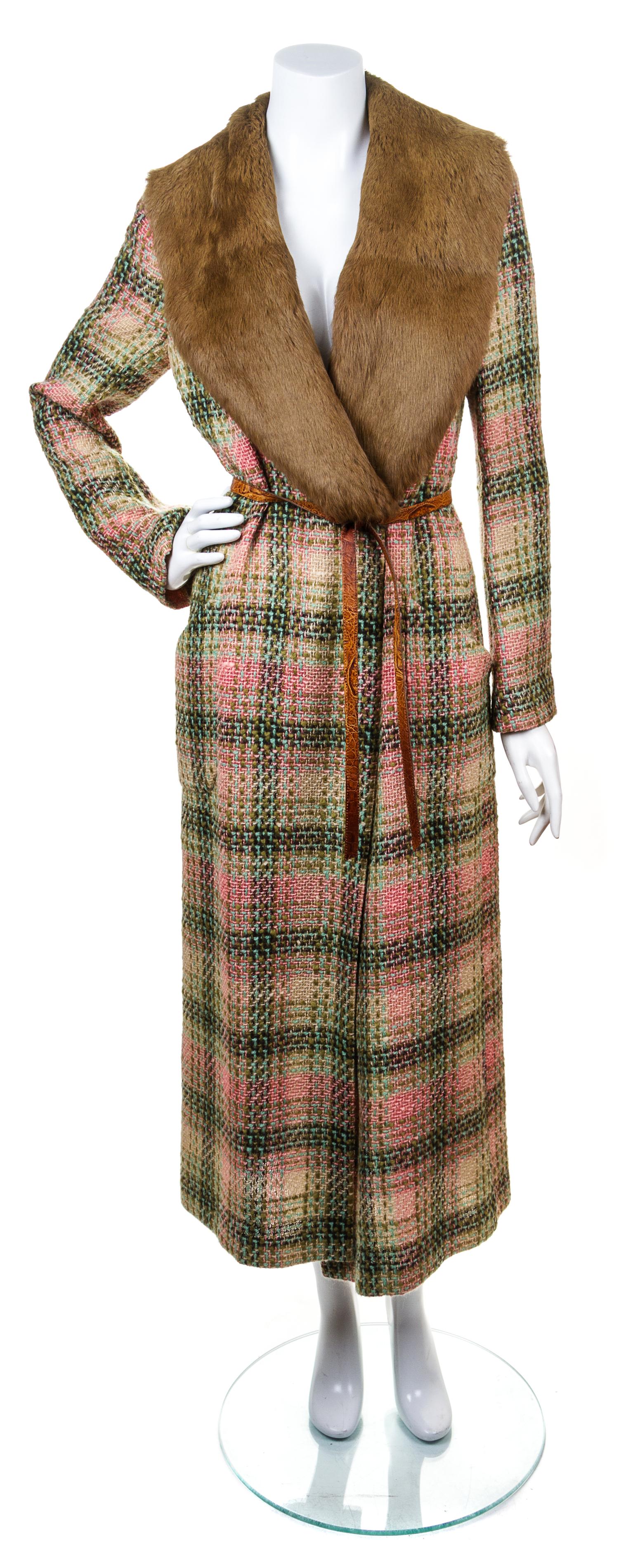 An Emanuel Ungaro Wool Plaid Coat with A Fur Lapel, Size 38.