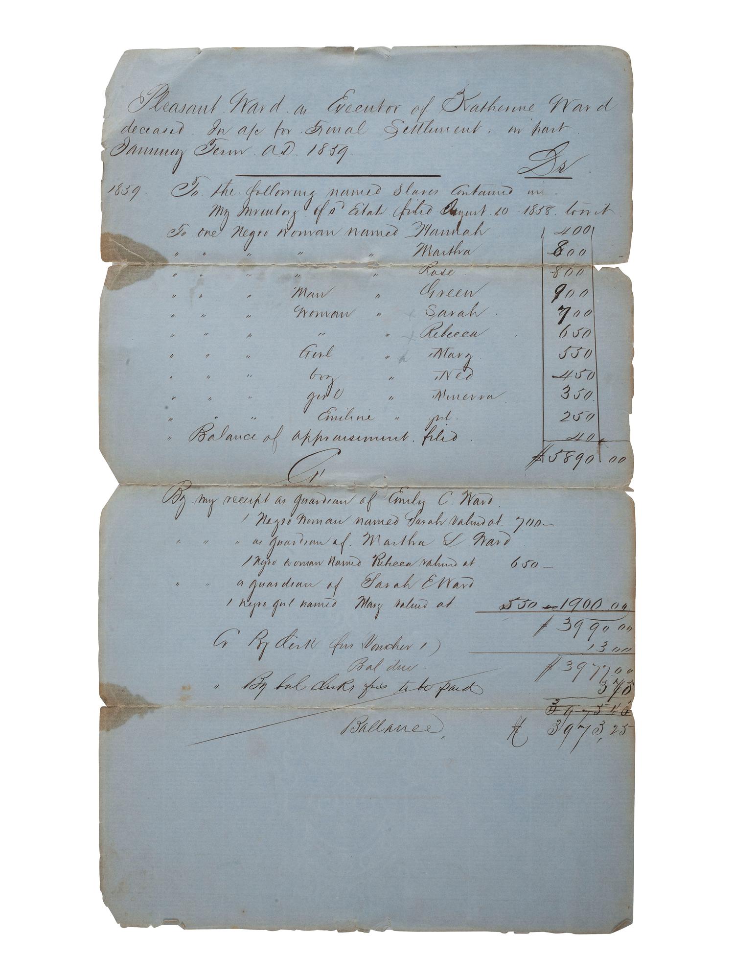 [SLAVERY & ABOLITION]. Two manuscript inventories of the estate of Catherine Ward, each listing 10 enslaved individuals. Union County, AR, 10 August 1858 and 24 January 1859.