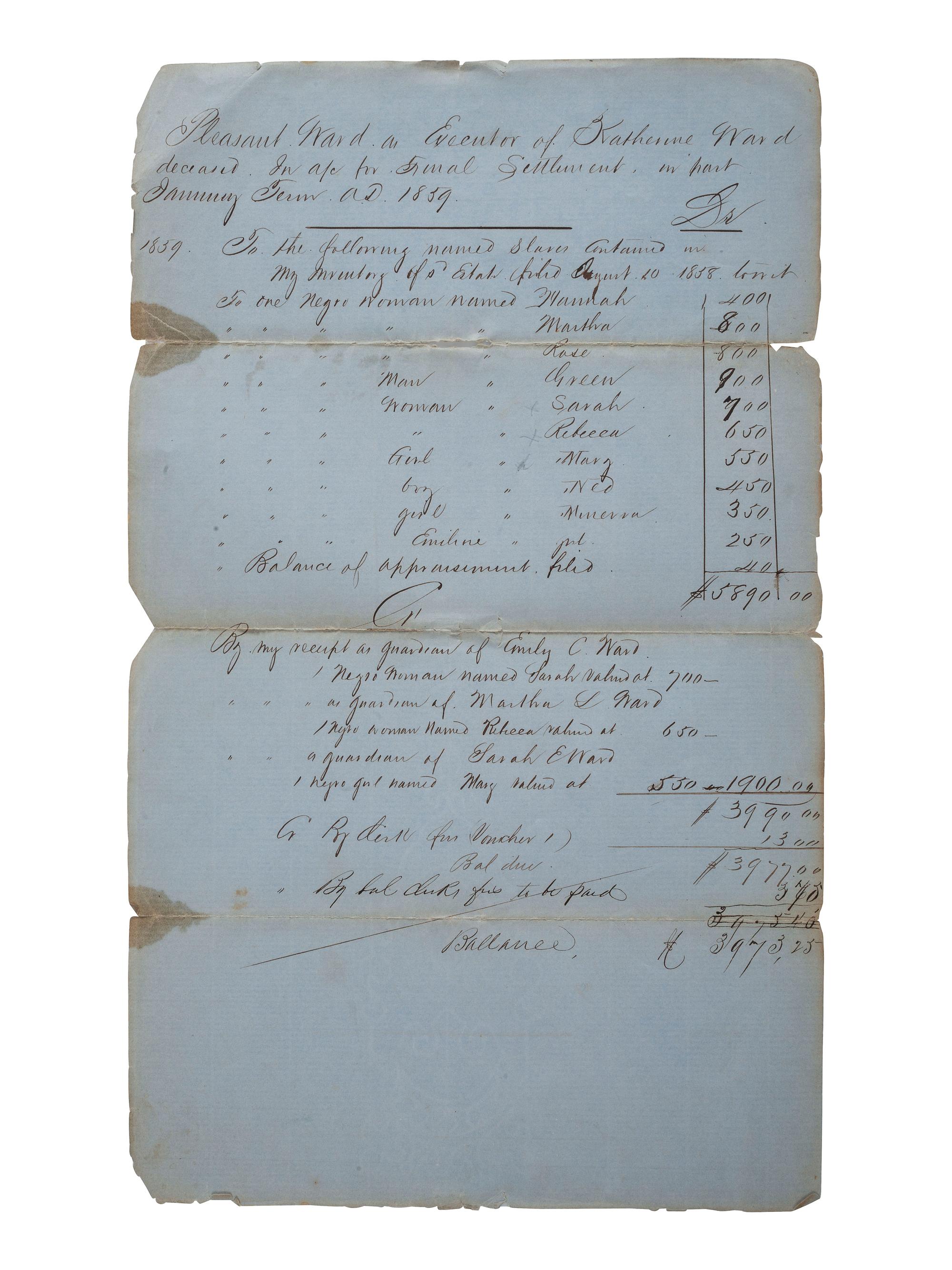 [SLAVERY & ABOLITION]. Two manuscript inventories of the estate of Catherine Ward, each listing 10 enslaved individuals. Union County, AR, 10 August 1858 and 24 January 1859.