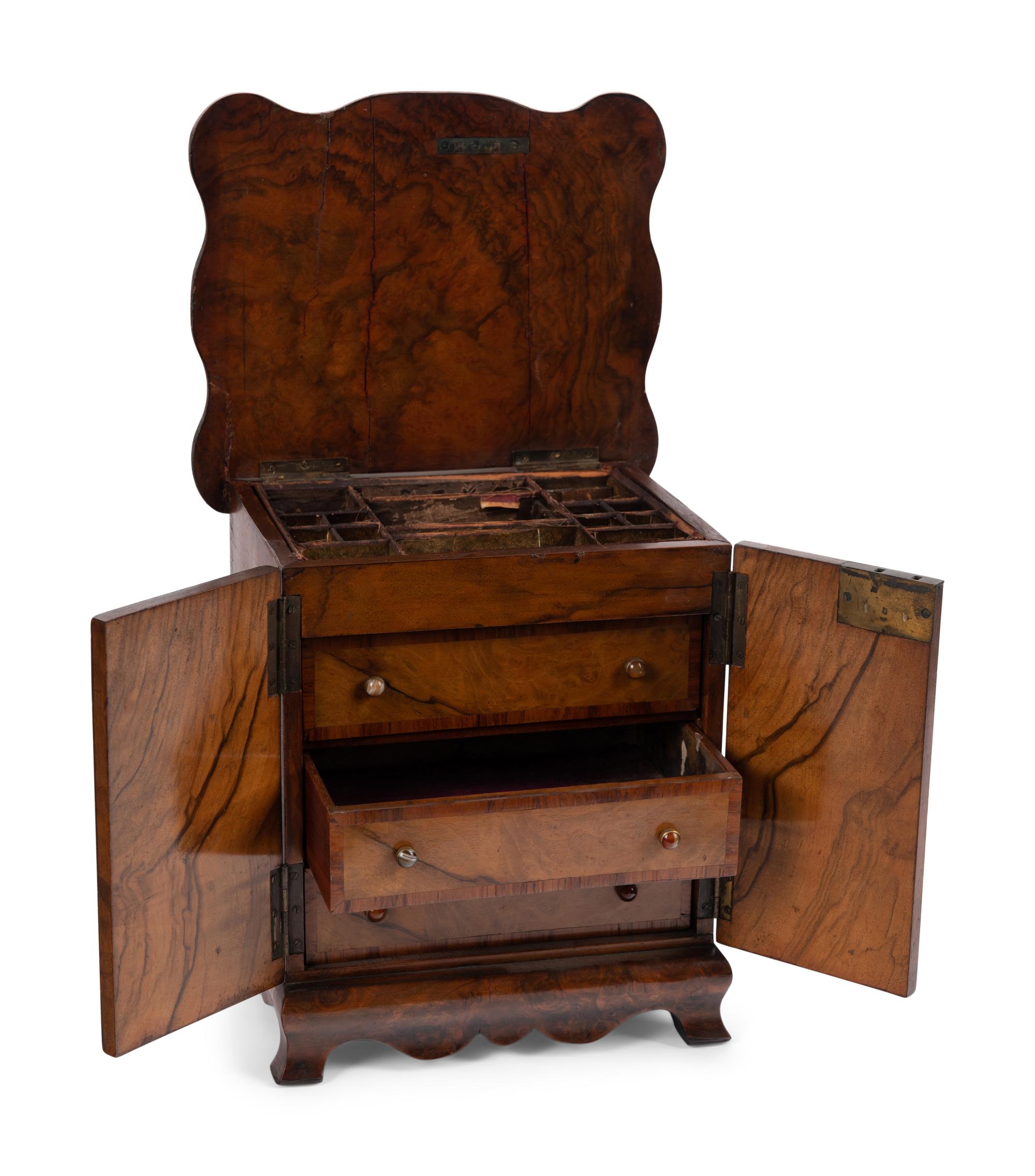 An English Burlwood Jewelry Box, a Diminutive Chest and Other Articles
