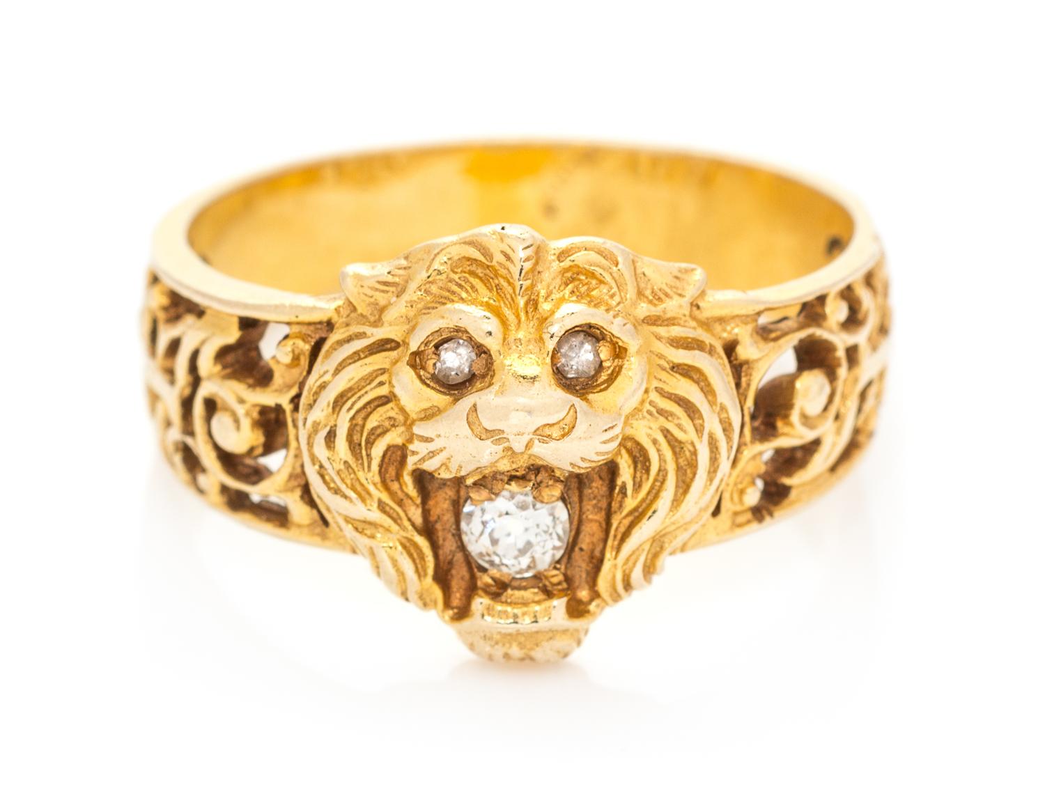 An Art Nouveau Yellow Gold and Diamond Lion Head Ring, 3.90 dwts.