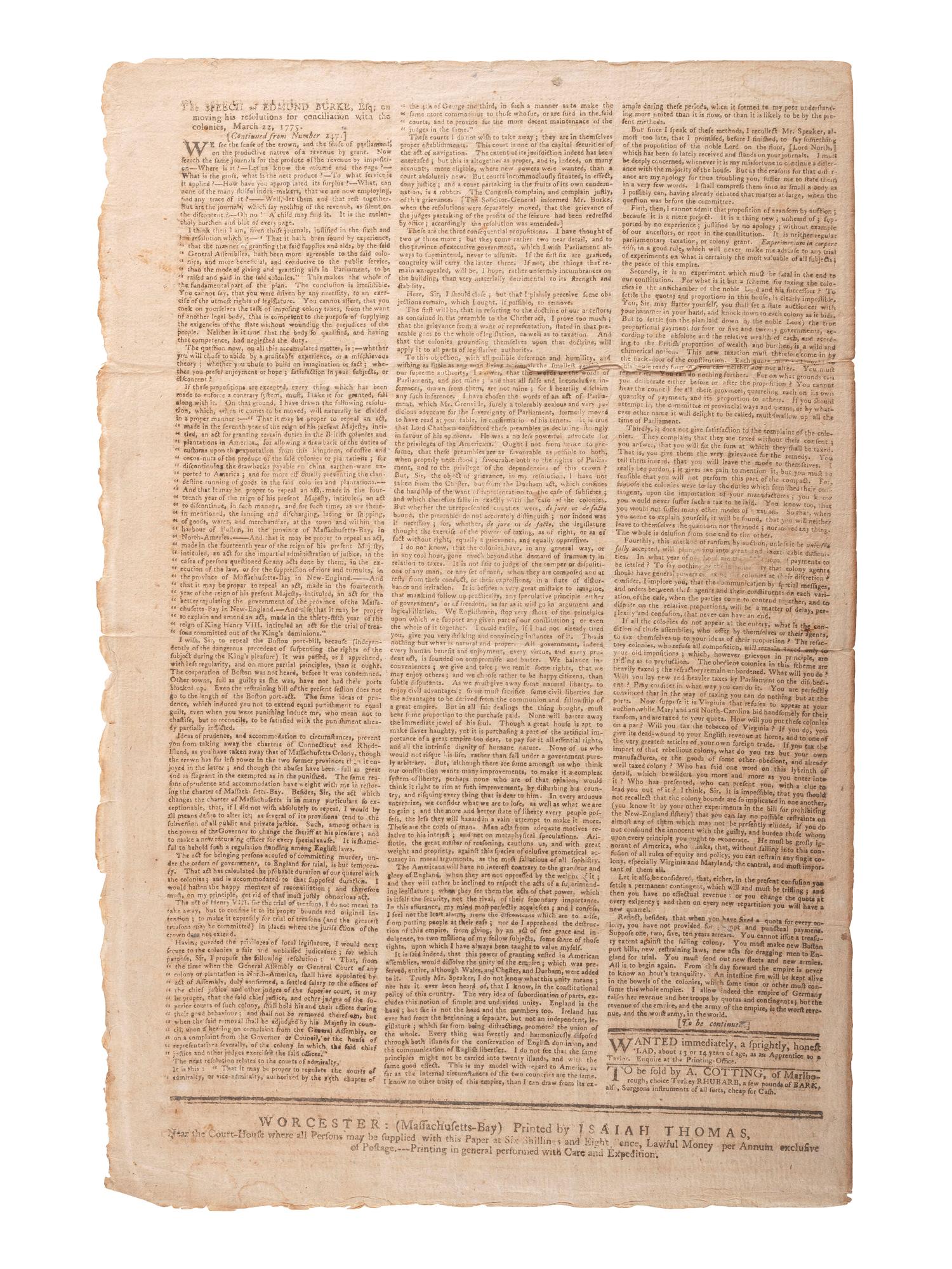 [REVOLUTIONARY WAR]. Thomas' Massachusetts Spy . Vol. V, No. 249. Worcester, MA, 1 December 1775.