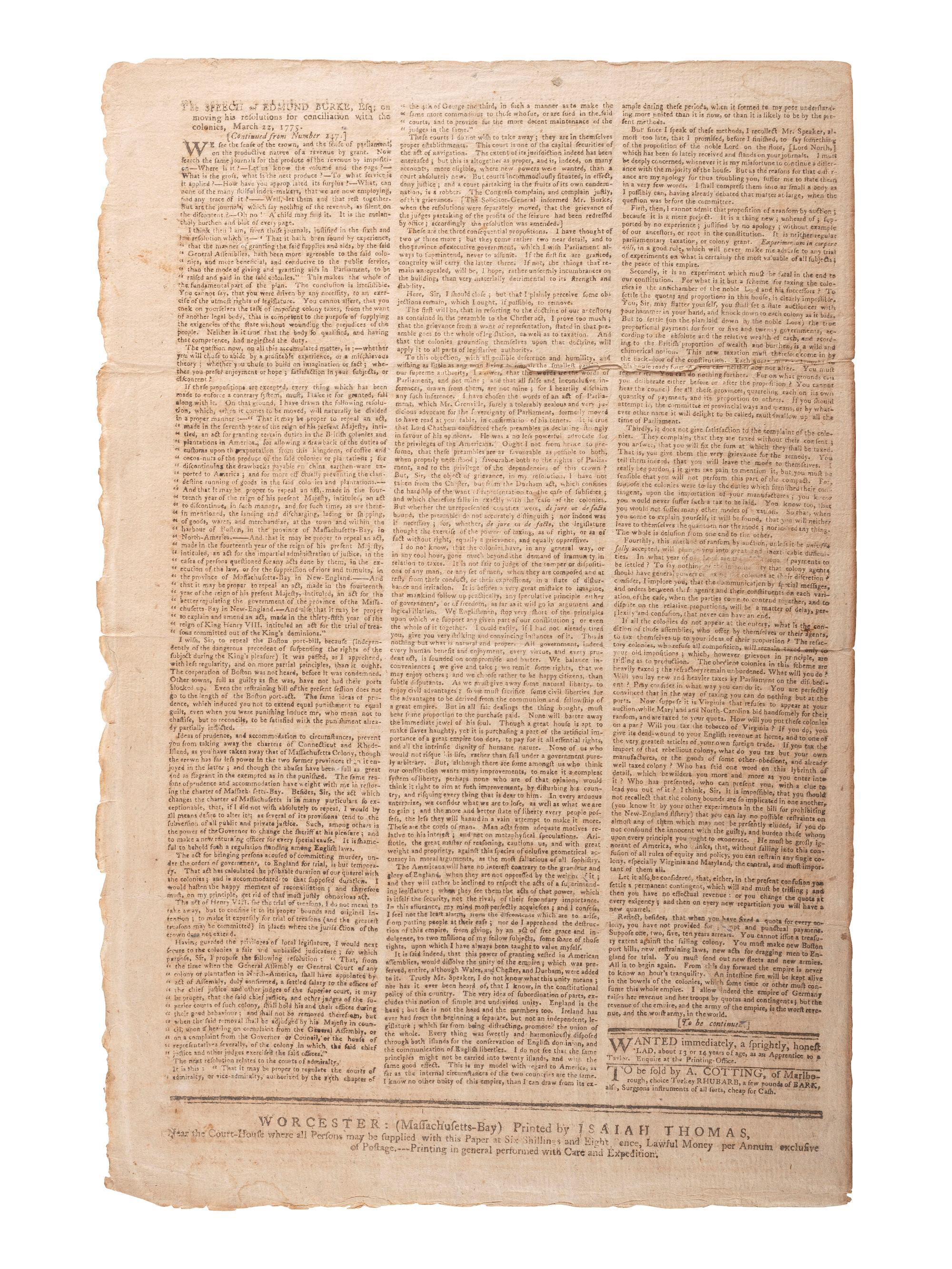 [REVOLUTIONARY WAR]. Thomas' Massachusetts Spy . Vol. V, No. 249. Worcester, MA, 1 December 1775.