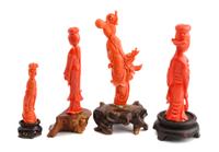 Four Chinese Carved Coral Figures Height of tallest 4 1/2 inches.