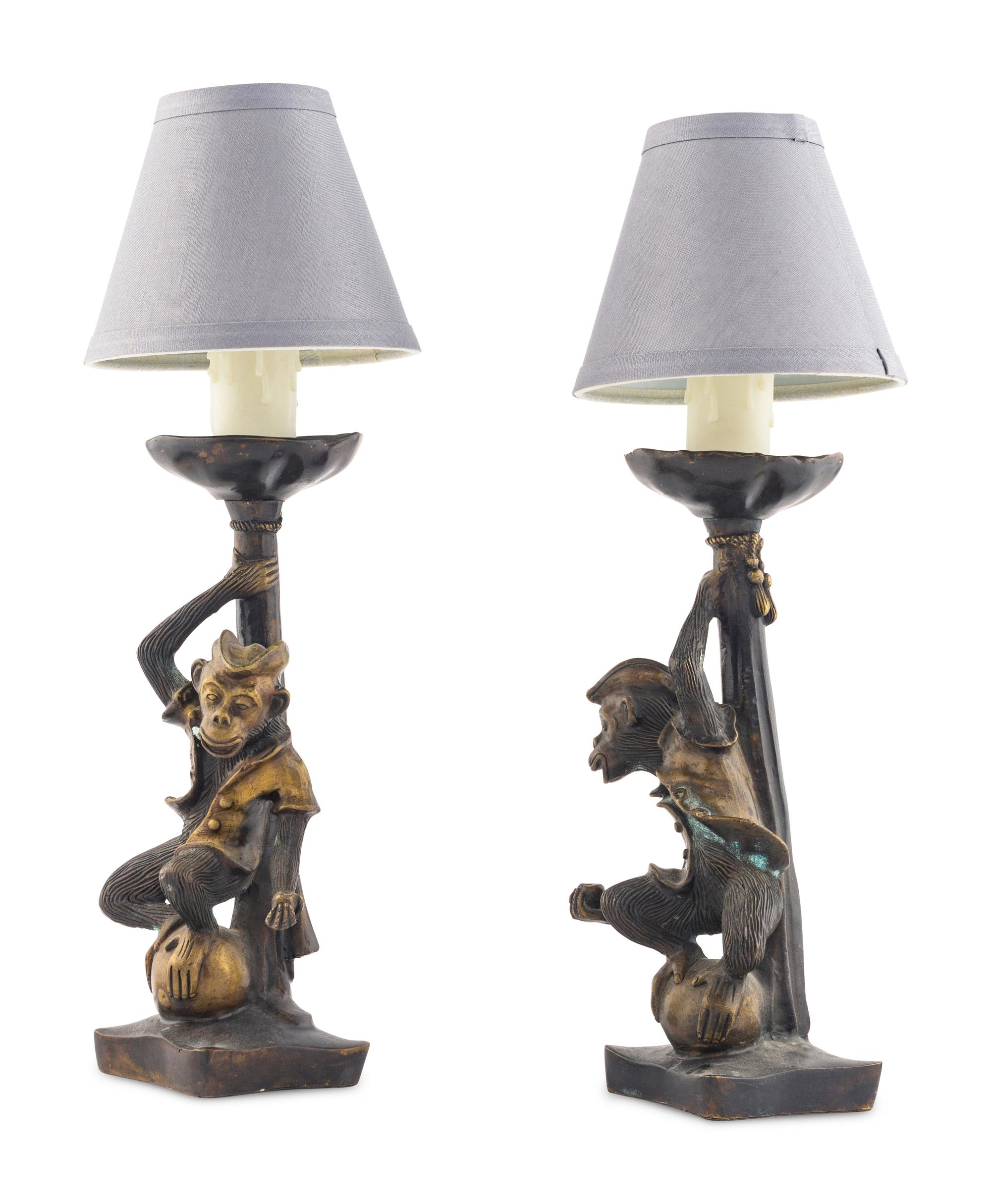 A Pair of Bronze Monkey Candlesticks Mounted as Lamps
