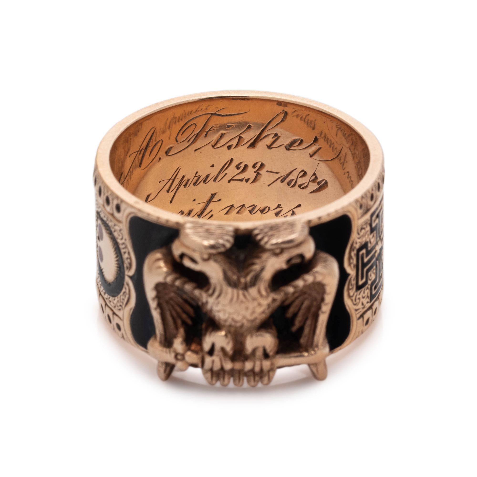 VICTORIAN, ROSE GOLD AND POLYCHROME ENAMEL MASONIC RING