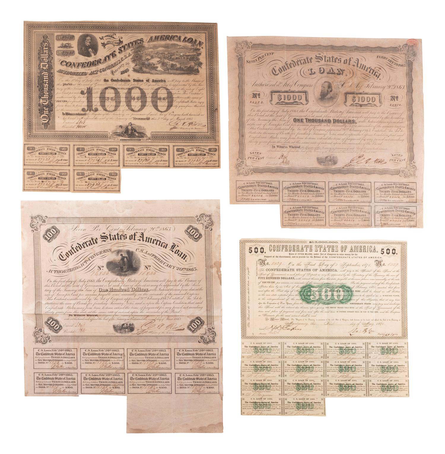[CIVIL WAR]. A group of 11 Confederate bonds, incl. $500 and $1000 examples.