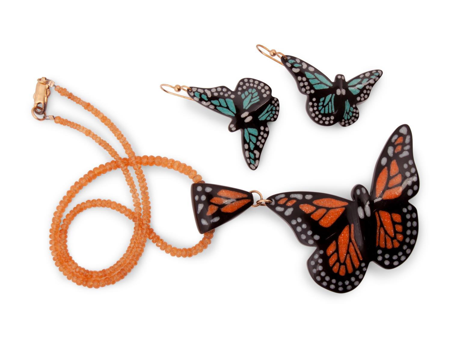 Carved Buffalo Horn Butterfly Necklace and Earrings