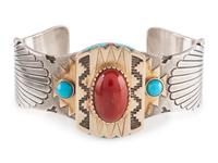 Sterling Silver Cuff Bracelet, with 14K Gold Accents, set with Turquoise and Coral